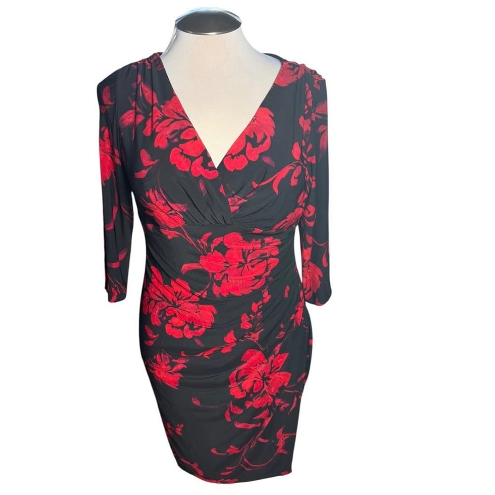 Lauren Ralph Lauren Red Floral Ruched Sheath Dress V-Neck 3/4 Sleeve Size 14